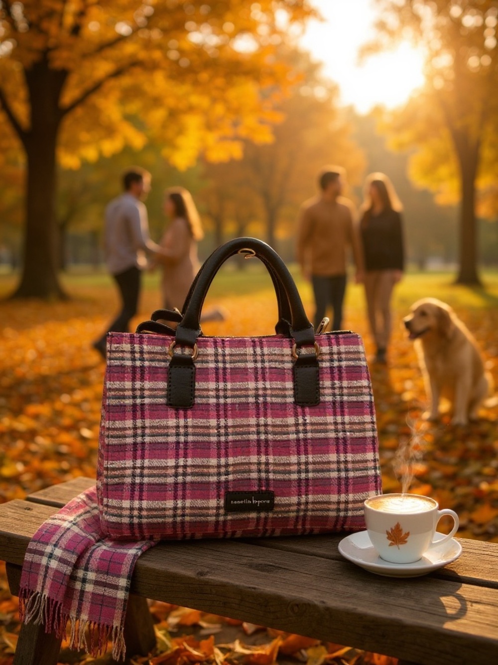 Nanette Lepore Pink Plaid Tote with Black Handles